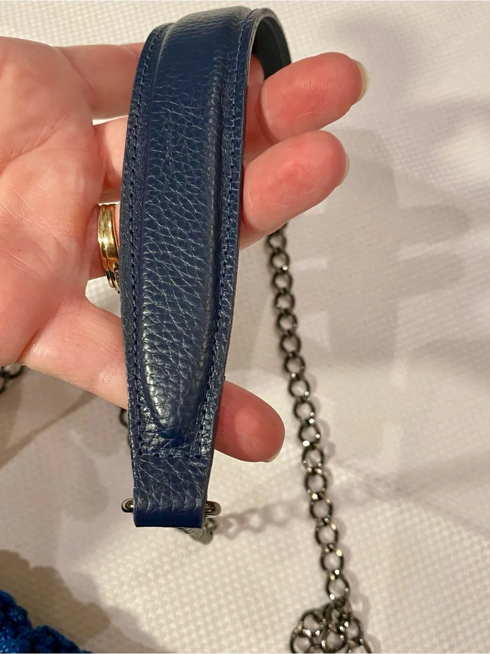 Cottage core Handcrafted Navy Crochet Crossbody Bag with Chain Strap